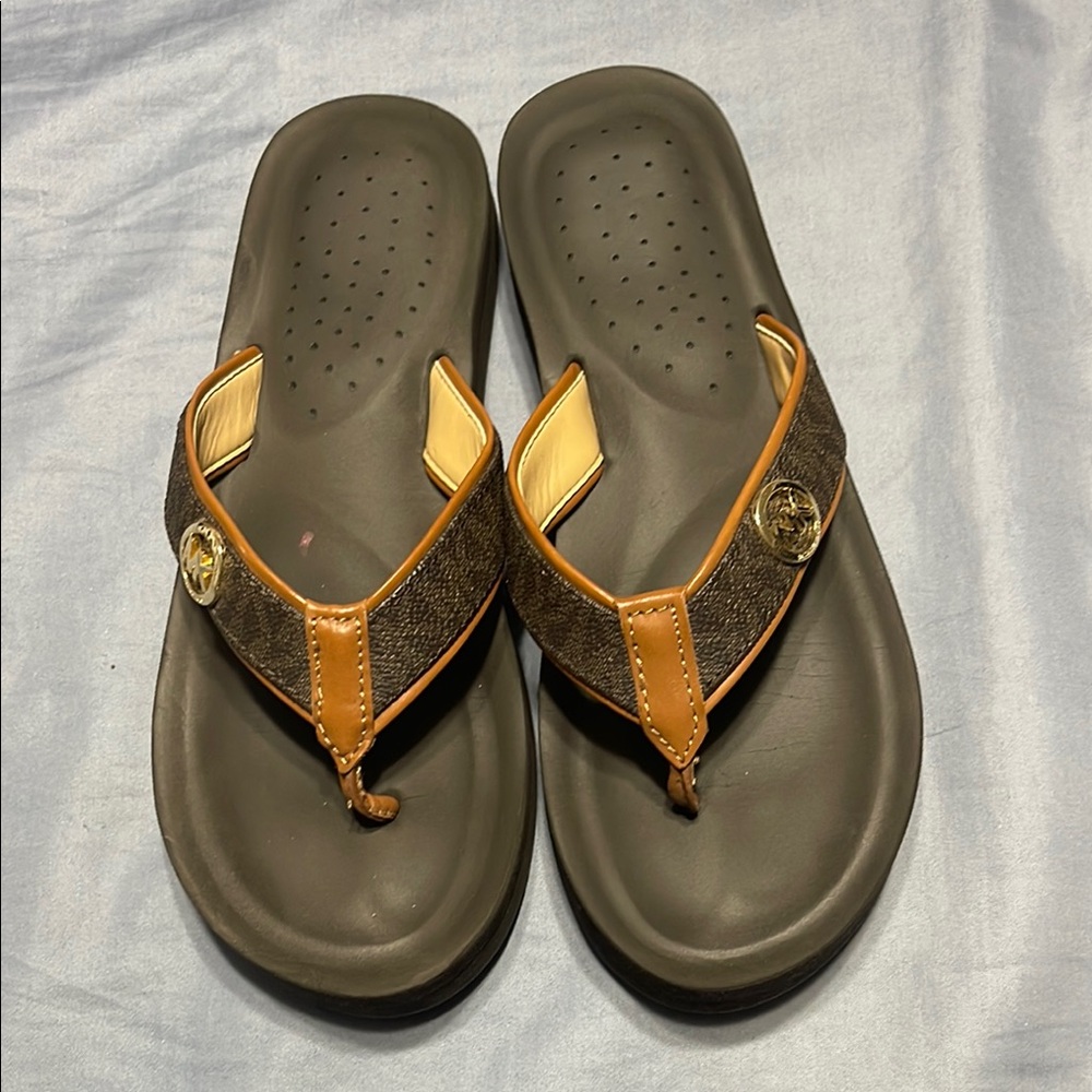 Michael Kors Brown and Tan Sandals with Metallic Straps